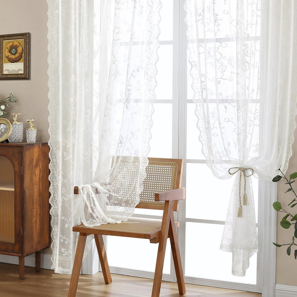 HOMEIDEAS Ivory lace curtain with rose-ivy pattern filters soft morning light