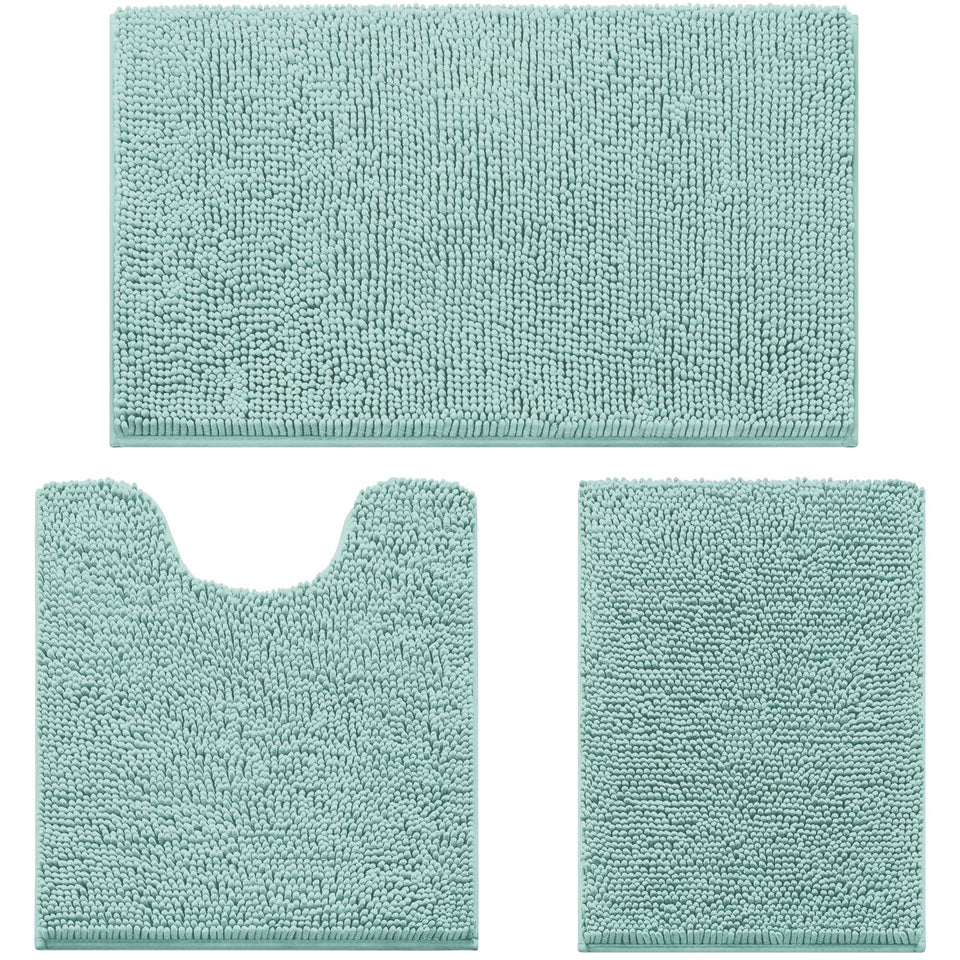 HOMEIDEAS eggshell blue small bath rug absorbs moisture near the sink.