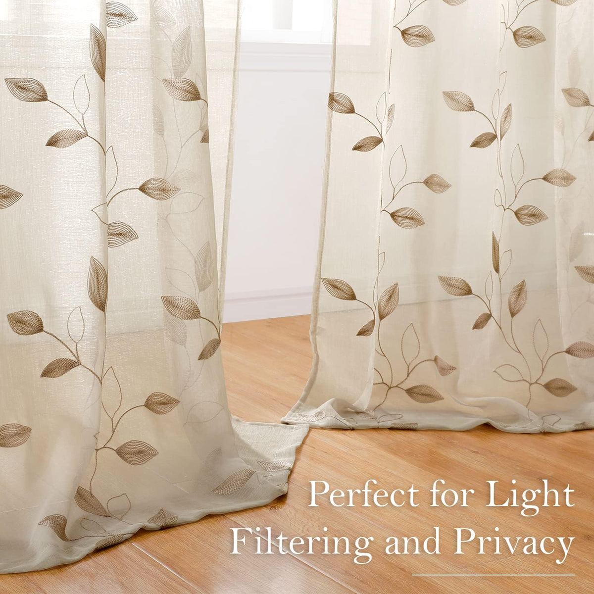 HOMEIDEAS embroidered leaf design adds natural elegance to any window.