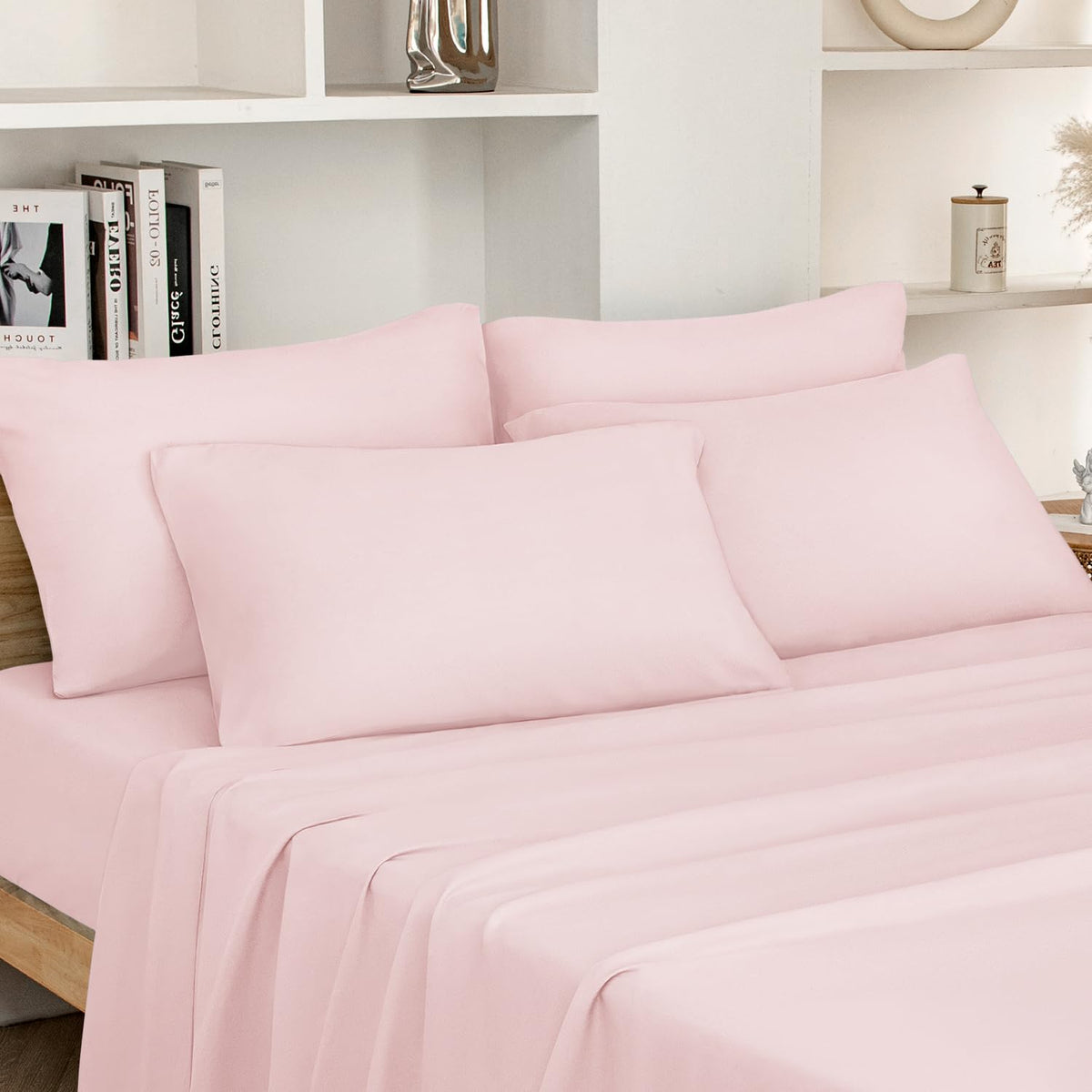 HOMEIDEAS full-size bed sheets in pale pink on a bed for a cozy look