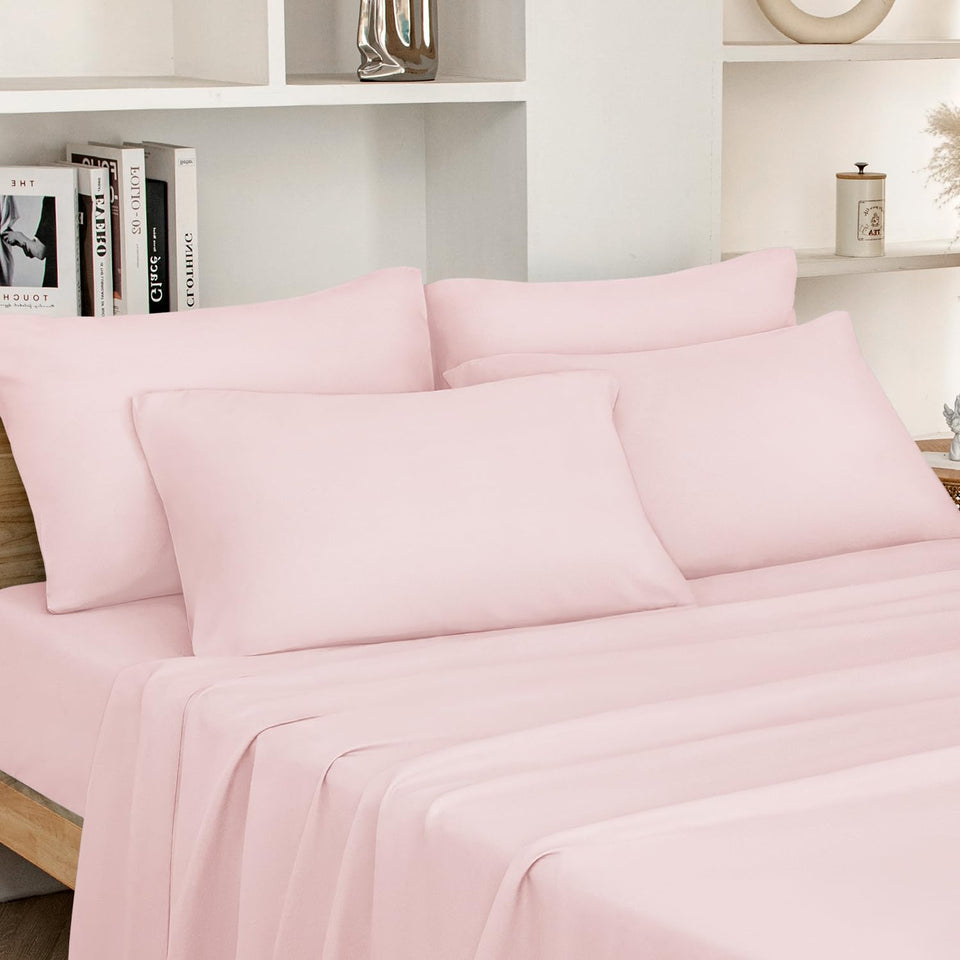 HOMEIDEAS full-size bed sheets in pale pink on a bed for a cozy look