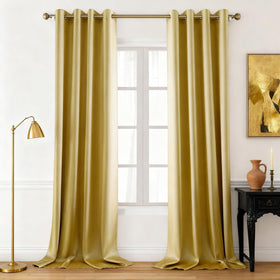 HOMEIDEAS gold faux silk curtain close-up highlighting rich texture and light control