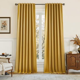 HomeIdeas gold faux silk curtains packaged for shipment and display.