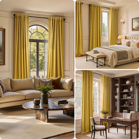 HomeIdeas gold faux silk curtains hanging on rod-pocket for elegant drapes.