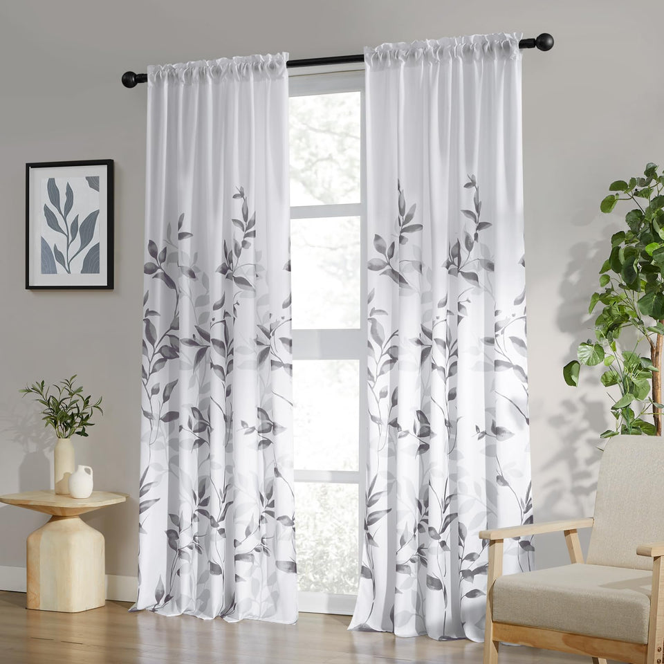 HOMEIDEAS grey-white semi-sheer curtains with 84-inch length offer soft light and privacy.