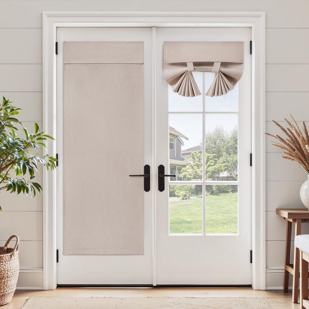HOMEIDEAS Linen blackout curtain installed on a French door showing simple no-drill setup