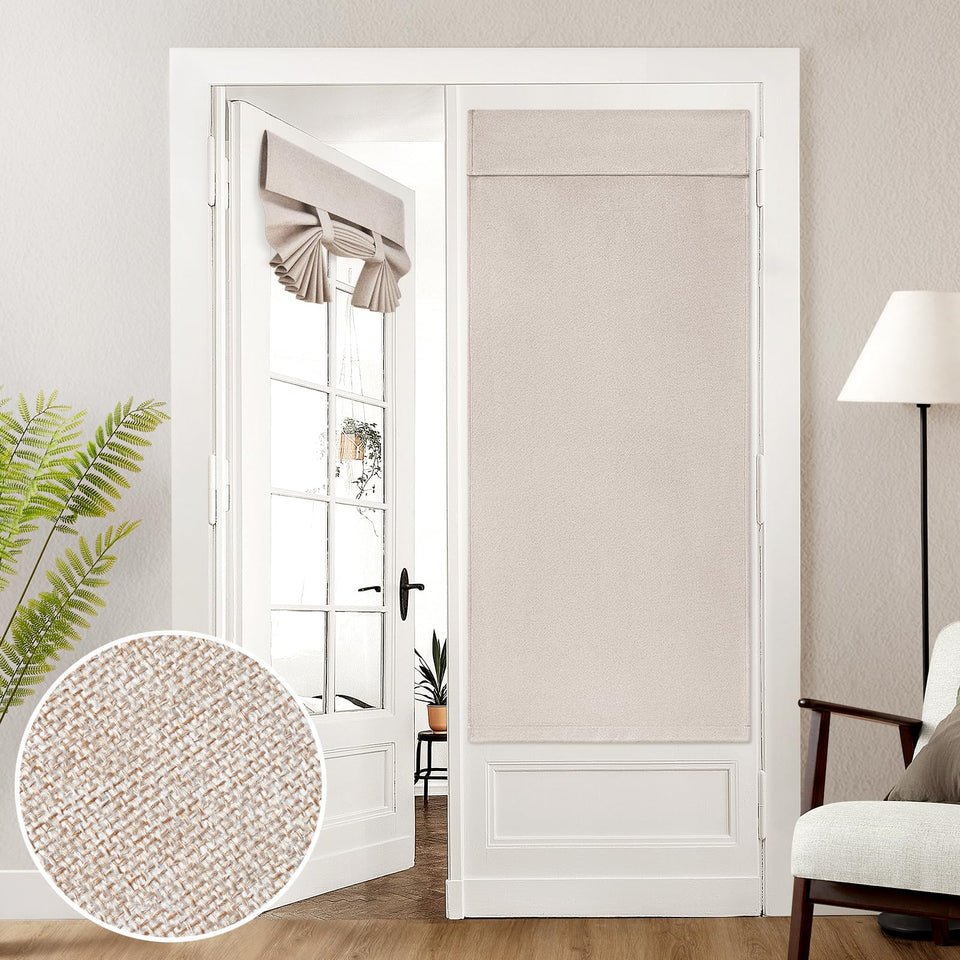 HOMEIDEAS linen blackout curtain on a French door, providing privacy and darkness