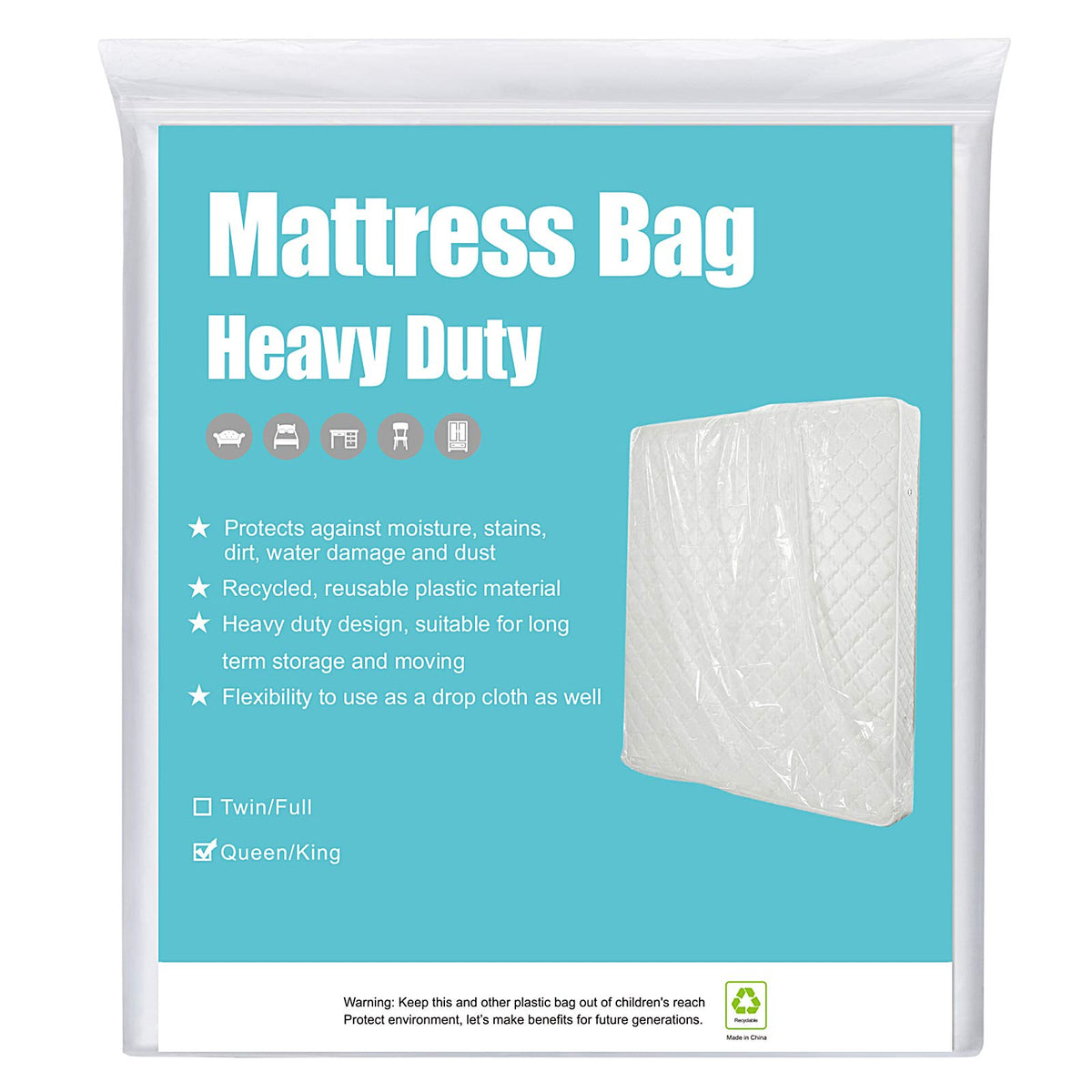 HOMEIDEAS queen-size mattress bag, closed, protects during moving.