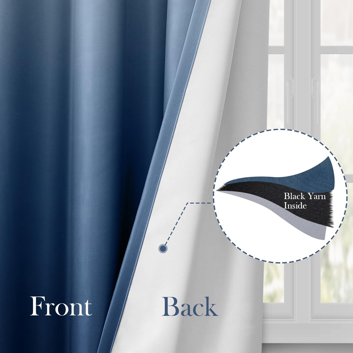HOMEIDEAS Navy Blue Ombre Curtains fabric texture shows soft, silky feel