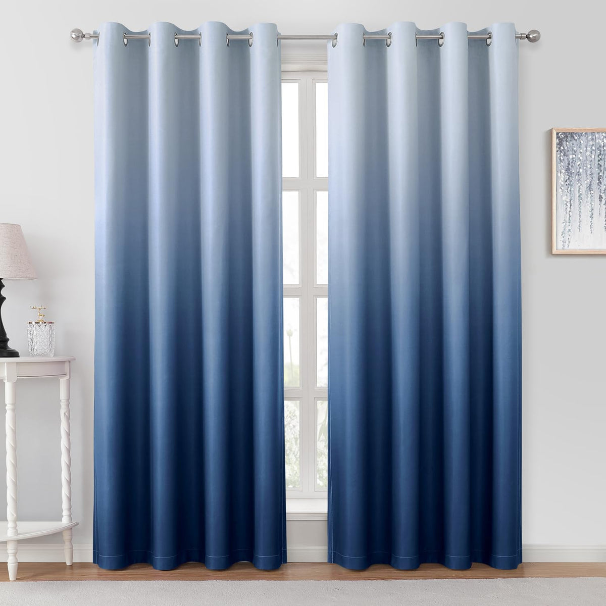 HOMEIDEAS Navy Blue Ombre Curtains front view showing gradient color and room-darkening effect