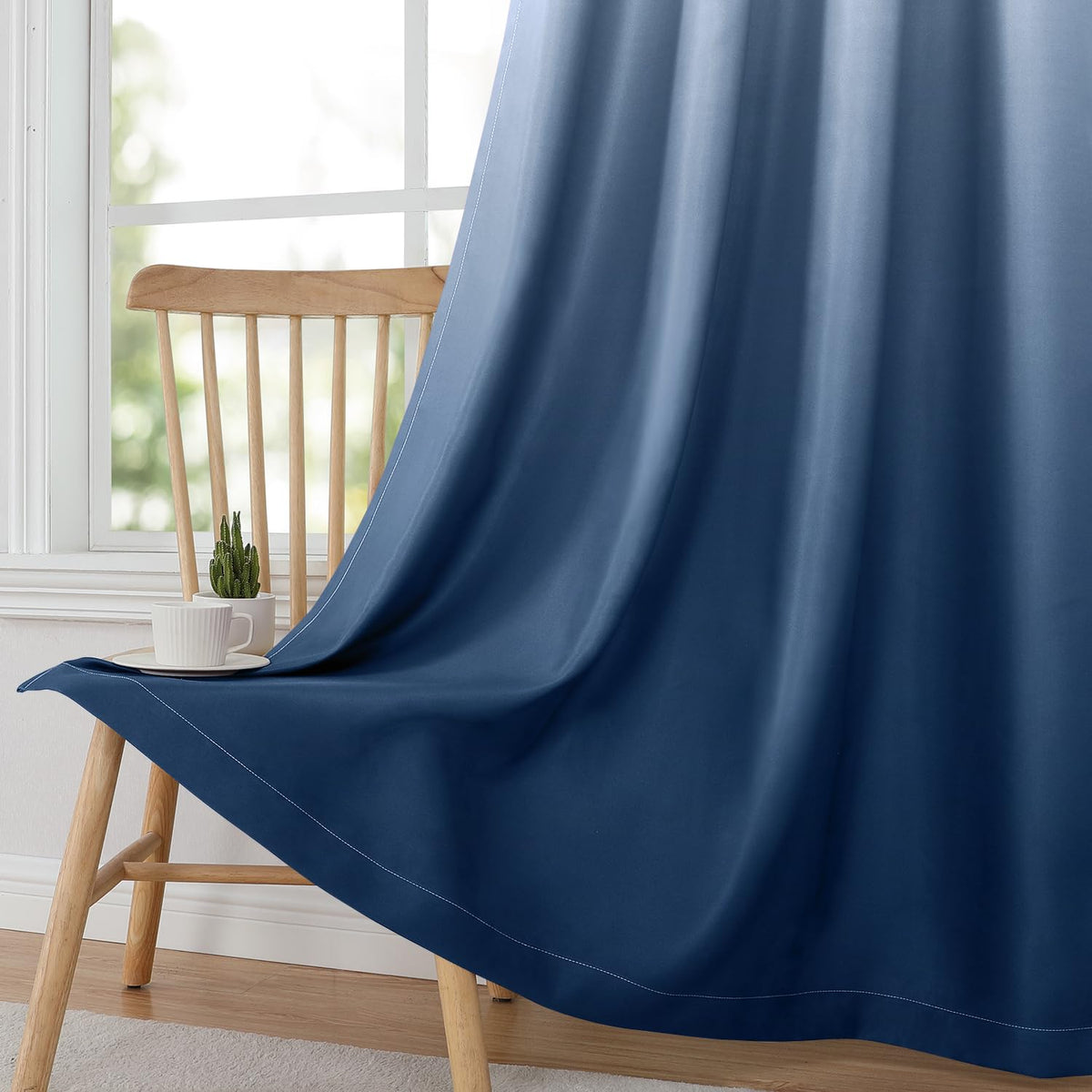HOMEIDEAS Navy Blue Ombre Curtains grommet closeup highlights durable metal hardware