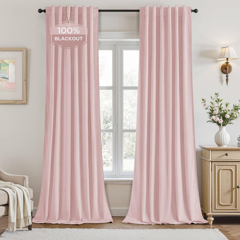 HOMEIDEAS pink velvet curtains in a bedroom setting for cozy privacy and style