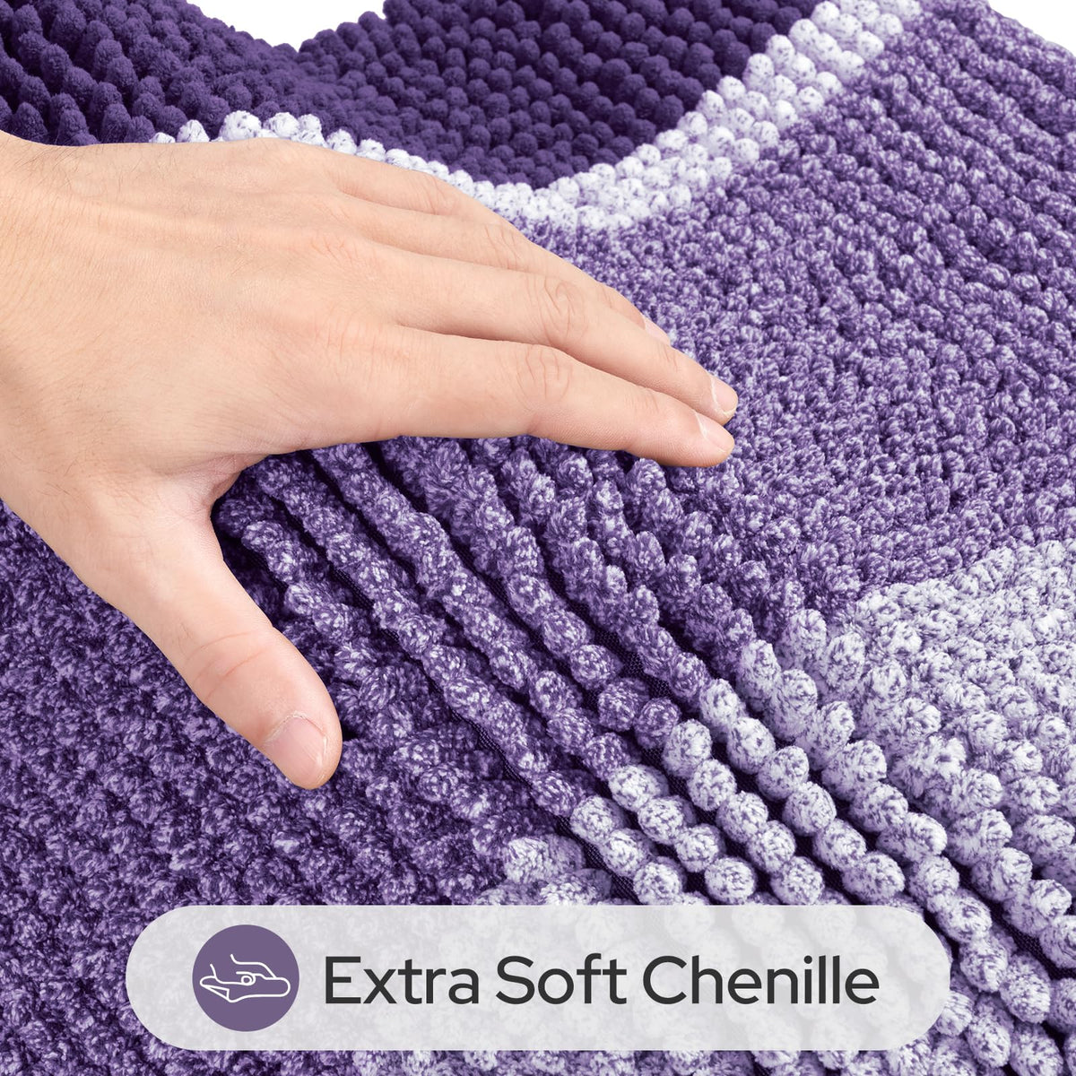 HOMEIDEAS purple bathroom rugs set closeup chenille texture highlights softness.