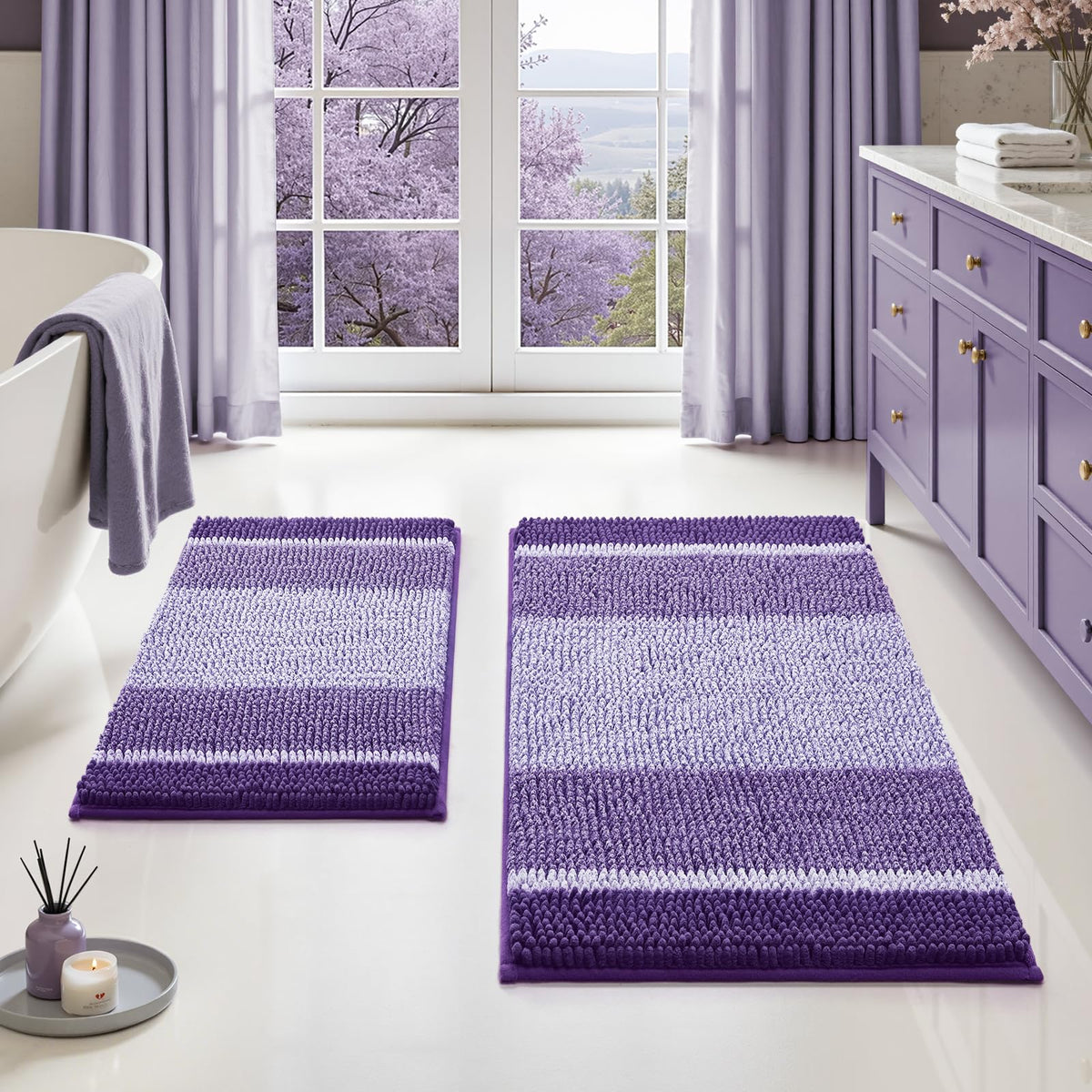 HOMEIDEAS purple bathroom rugs set front view showing plush chenille and generous size.
