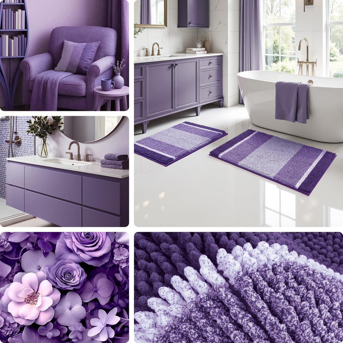 HOMEIDEAS purple bathroom rugs set non-slip backing for safer tile floors.