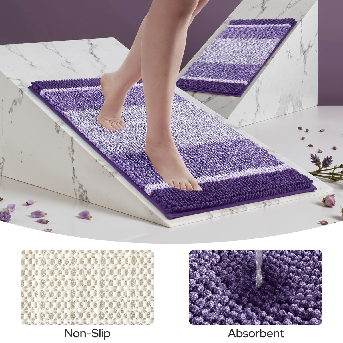HOMEIDEAS purple bathroom rugs set rolled for cleaning and storage.