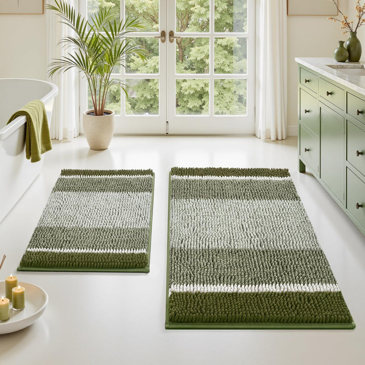 HOMEIDEAS Sage Green Bath Rugs set for dry, cozy bathroom floors.