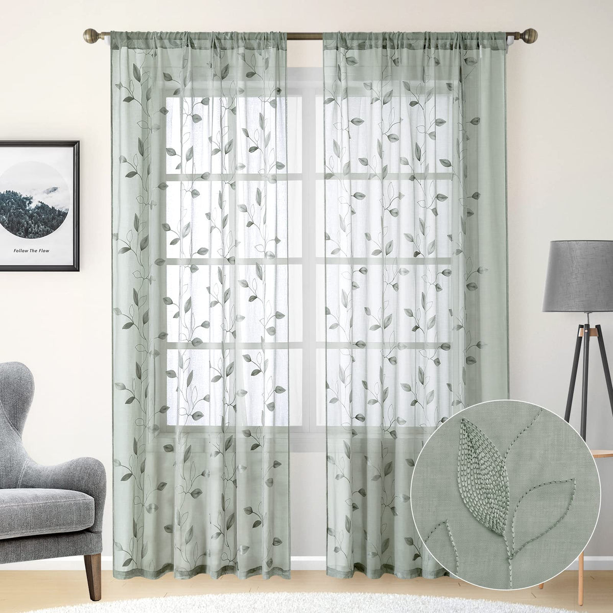 HOMEIDEAS Sage Green Curtains embroidered leaves close-up highlights elegant detail