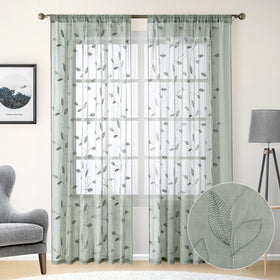 HOMEIDEAS Sage Green Curtains embroidered leaves close-up highlights elegant detail