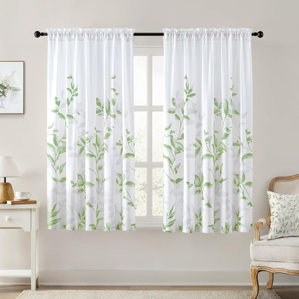 HOMEIDEAS sage green leaf print bottom panel curtain provides soft privacy with light filtration