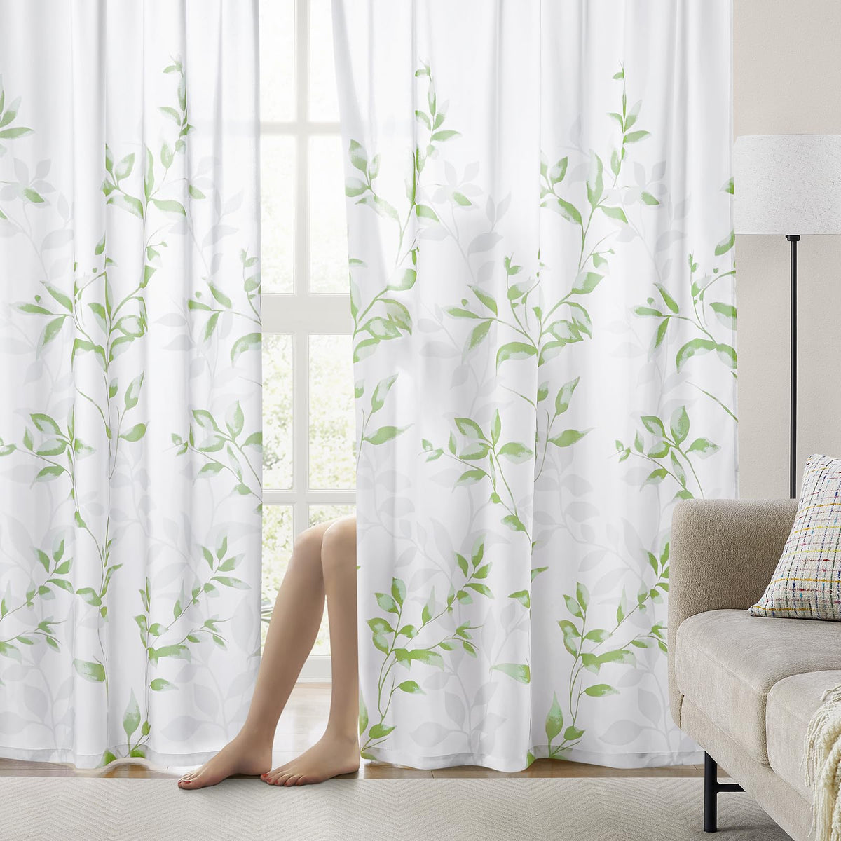 HOMEIDEAS sage green leaf print bottom curtain, perfect for bedrooms seeking elegant daylight balance