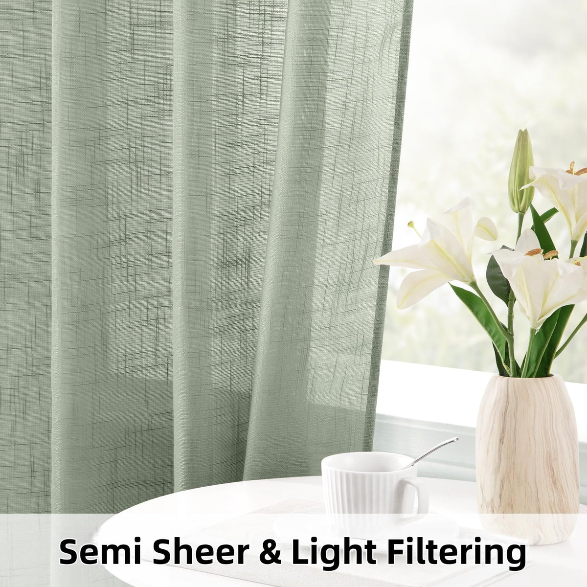HOMEIDEAS sage green linen-textured sheer curtains in a bedroom enhance privacy with natural light.