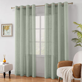HOMEIDEAS sage green linen-textured sheer curtains draped in a dining room.
