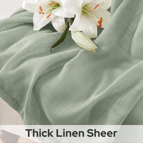 HOMEIDEAS sage green linen-textured sheer curtains in a living room create warm ambiance.