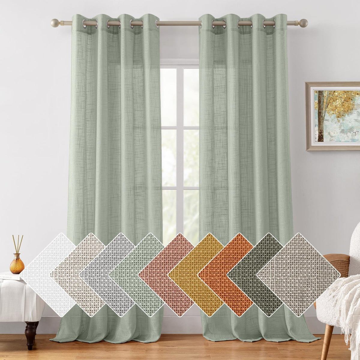 HOMEIDEAS sage green linen-textured sheer panel closeup showing soft, diffuse light.
