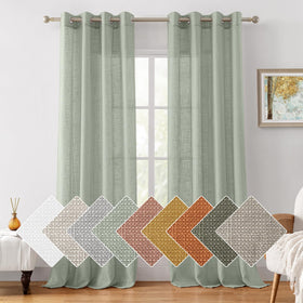 HOMEIDEAS sage green linen-textured sheer panel closeup showing soft, diffuse light.