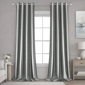 HOMEIDEAS silver grey faux silk curtains panel front view showing elegant drape and subtle sheen