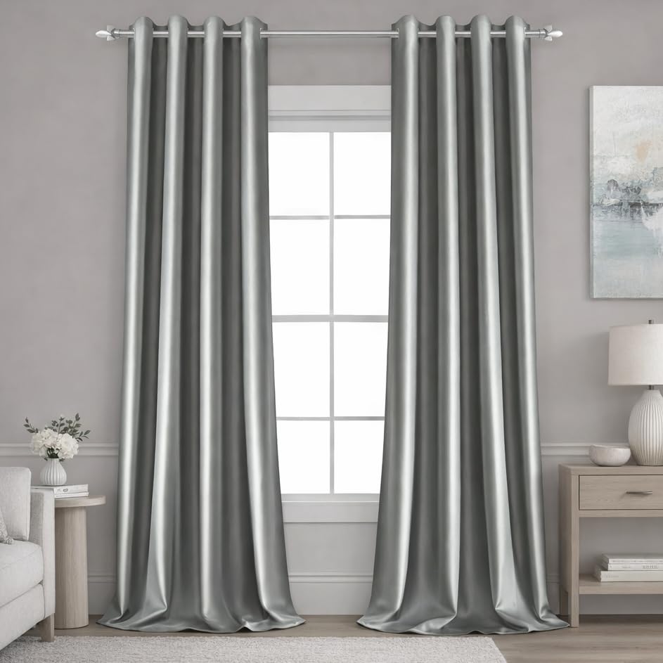 HOMEIDEAS silver grey faux silk curtains panel front view showing elegant drape and subtle sheen