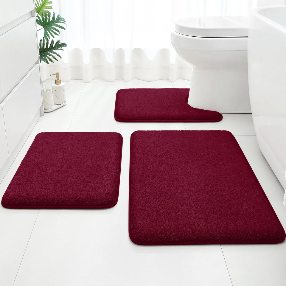 HOMEIDEAS burgundy bath rug set with plush velvet surface for soft, cozy steps.