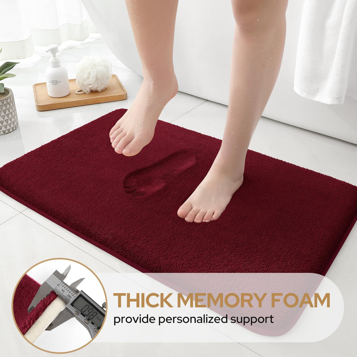 HOMEIDEAS U-shaped rug provides a secure fit around the toilet area.