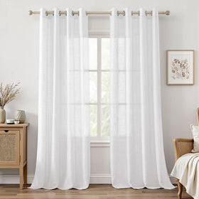 HOMEIDEAS white linen sheer curtains with linen texture closeup showing woven detail for a soft aesthetic