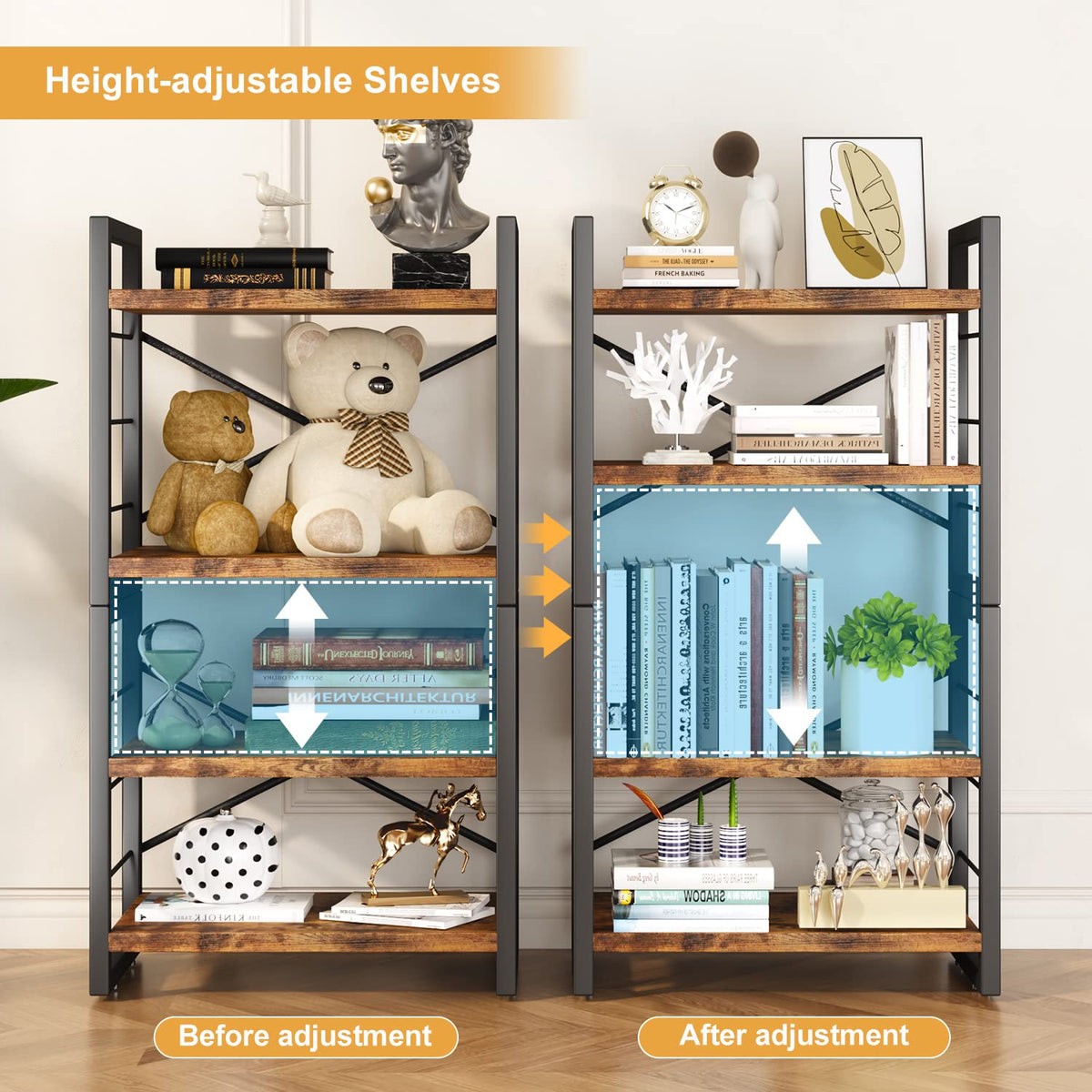 Homeiju adjustable shelves demonstrate customizable height for books and decor.