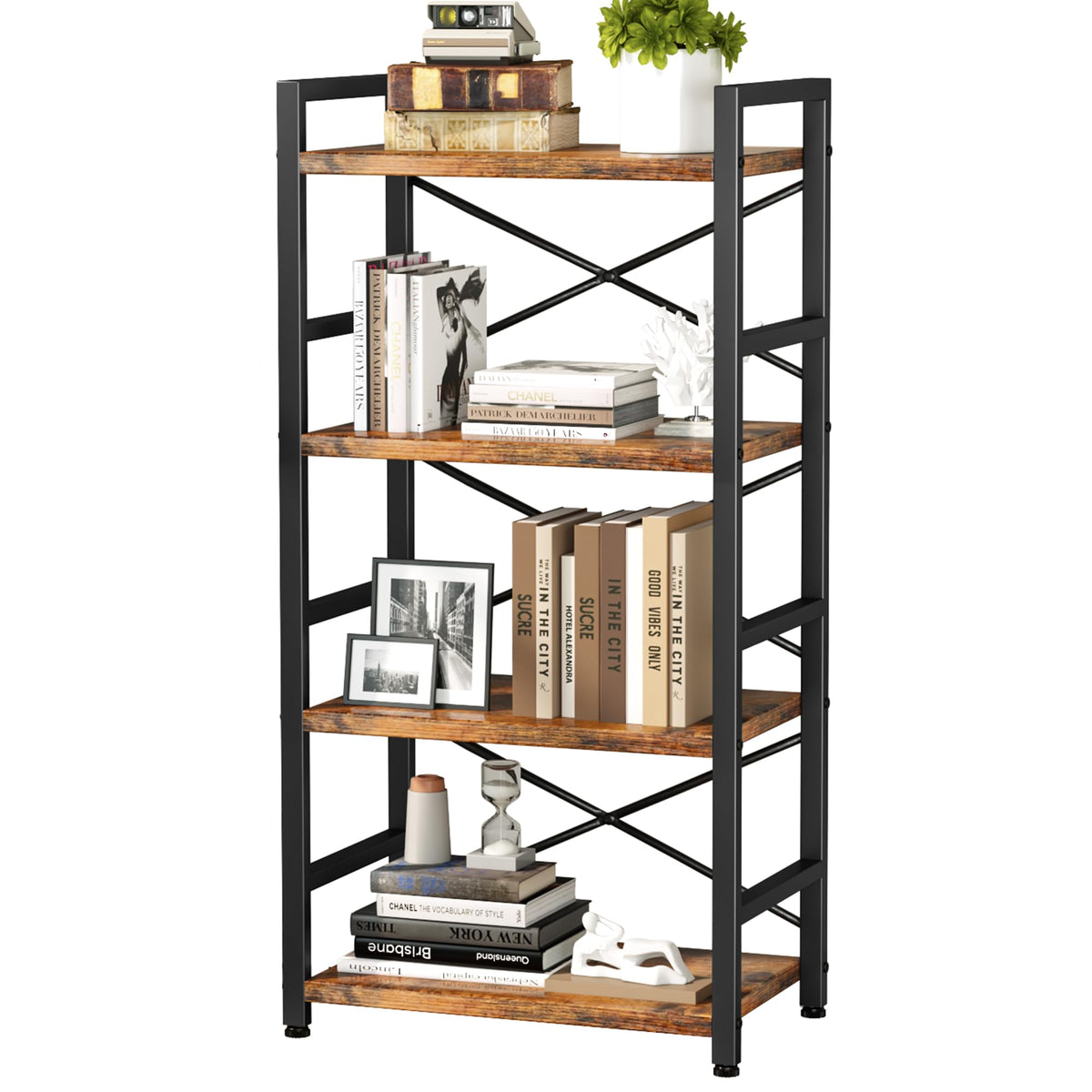 Homeiju Bookshelf 4-tier rustic brown enhances compact storage and style.