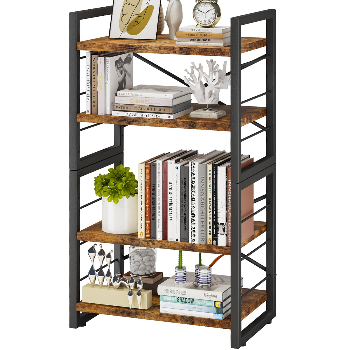 Homeiju four-tier bookshelf in rustic black and brown for versatile storage.