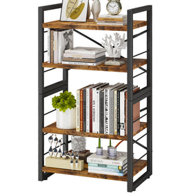 Homeiju four-tier bookshelf in rustic black and brown for versatile storage.