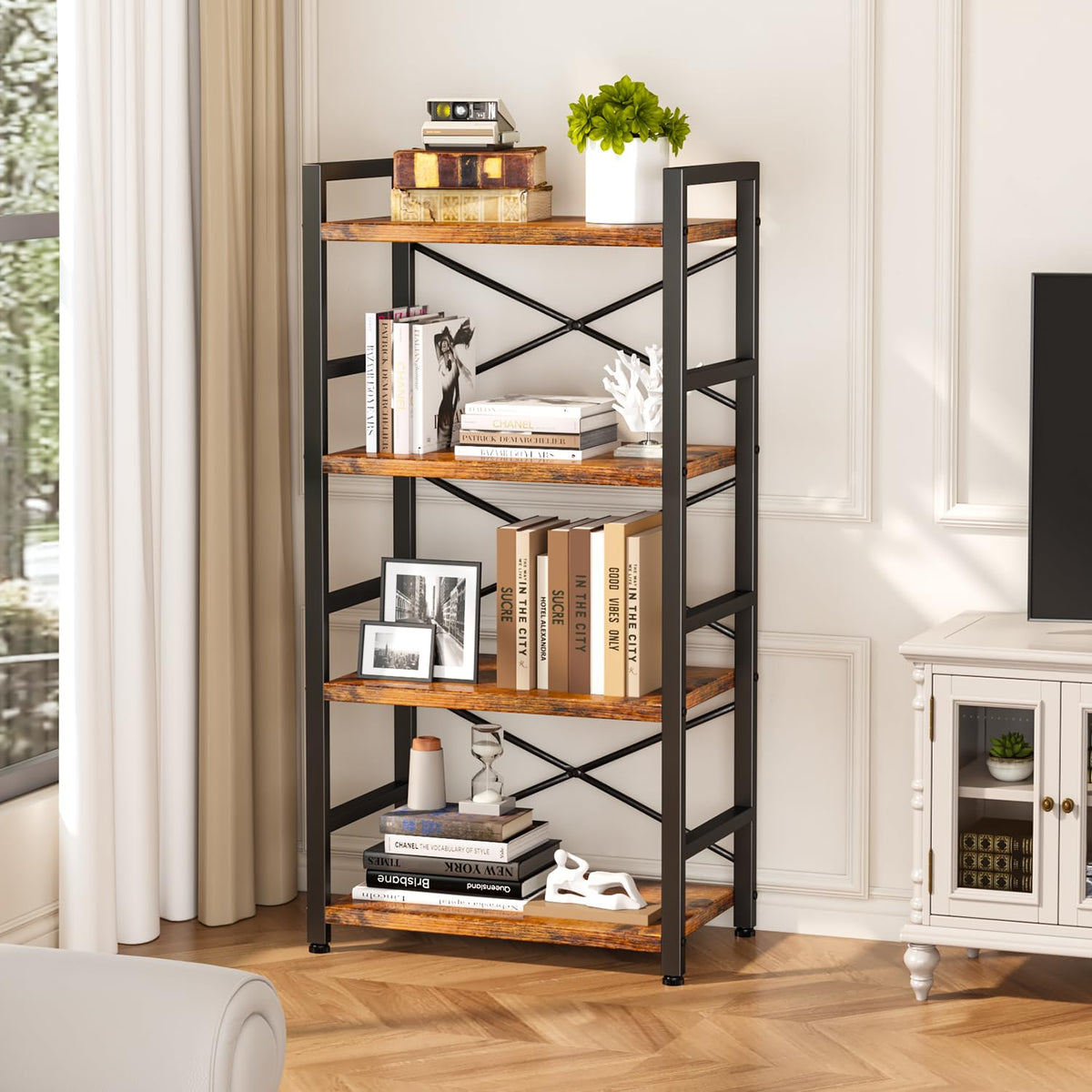 Homeiju Bookshelf shows the back X-shaped wire design for steady support.