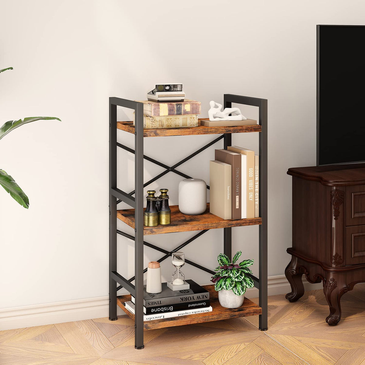 Homeiju Bookshelf back X-wire stability enhances sturdiness on uneven floors