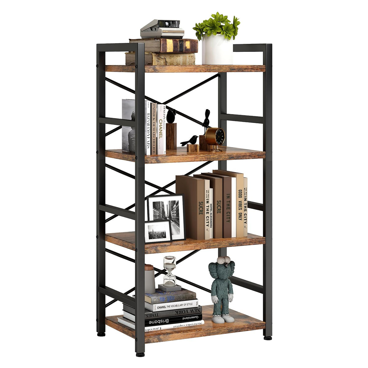 Homeiju Bookshelf four tiers organize books, decor, and office supplies.