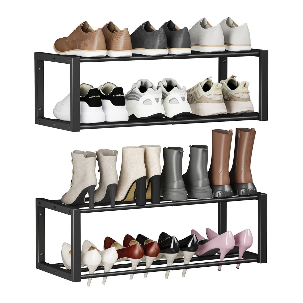 Homeiju extended hanging shoe organizer holding 12–16 pairs in a spacious entryway