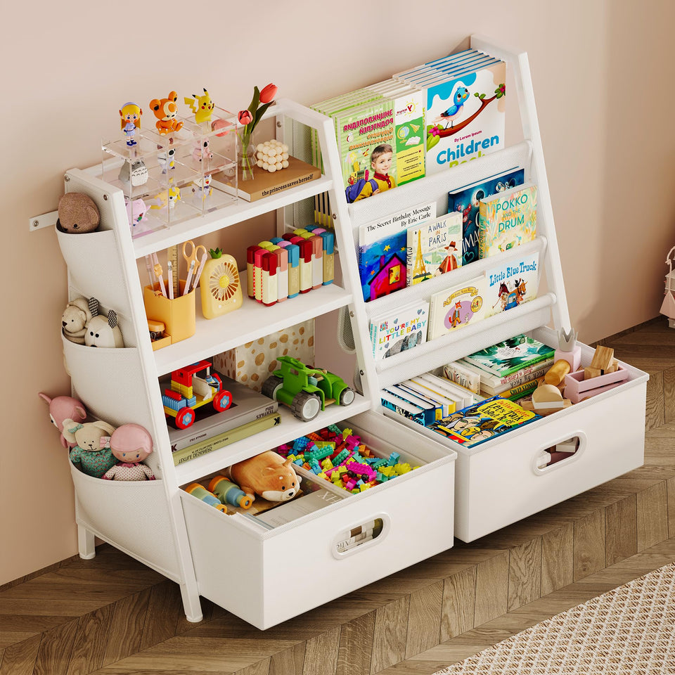 Homeiju 3-tier sling bookshelf provides easy access to kids' books.
