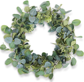 HomeKaren eucalyptus wreath on the front door adds welcoming greenery for all seasons.