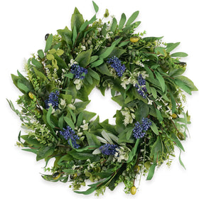 HomeKaren front-door wreath with eucalyptus and olive leaves for all-season decor