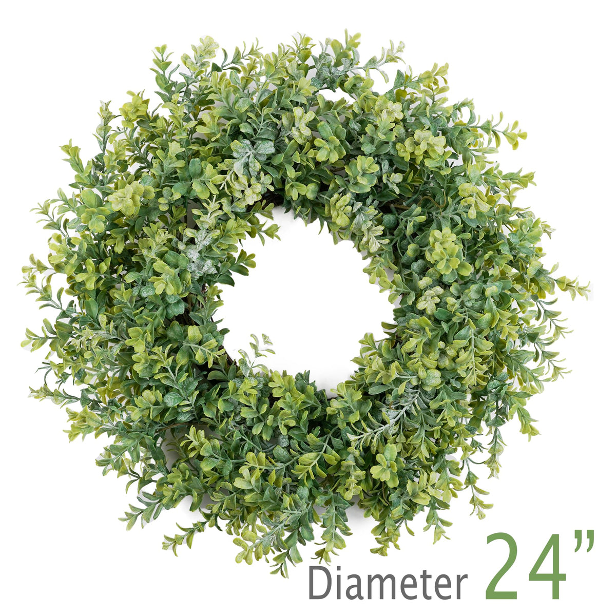 HomeKaren eucalyptus-boxwood leaves wreath ideal for all-season decor indoors or sheltered outdoor spaces.
