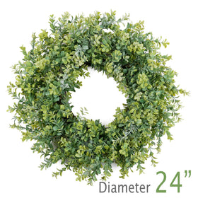 HomeKaren eucalyptus-boxwood leaves wreath ideal for all-season decor indoors or sheltered outdoor spaces.