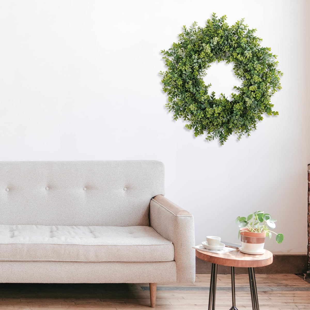 HomeKaren front-door wreath hangs easily above fireplaces or on entryways.
