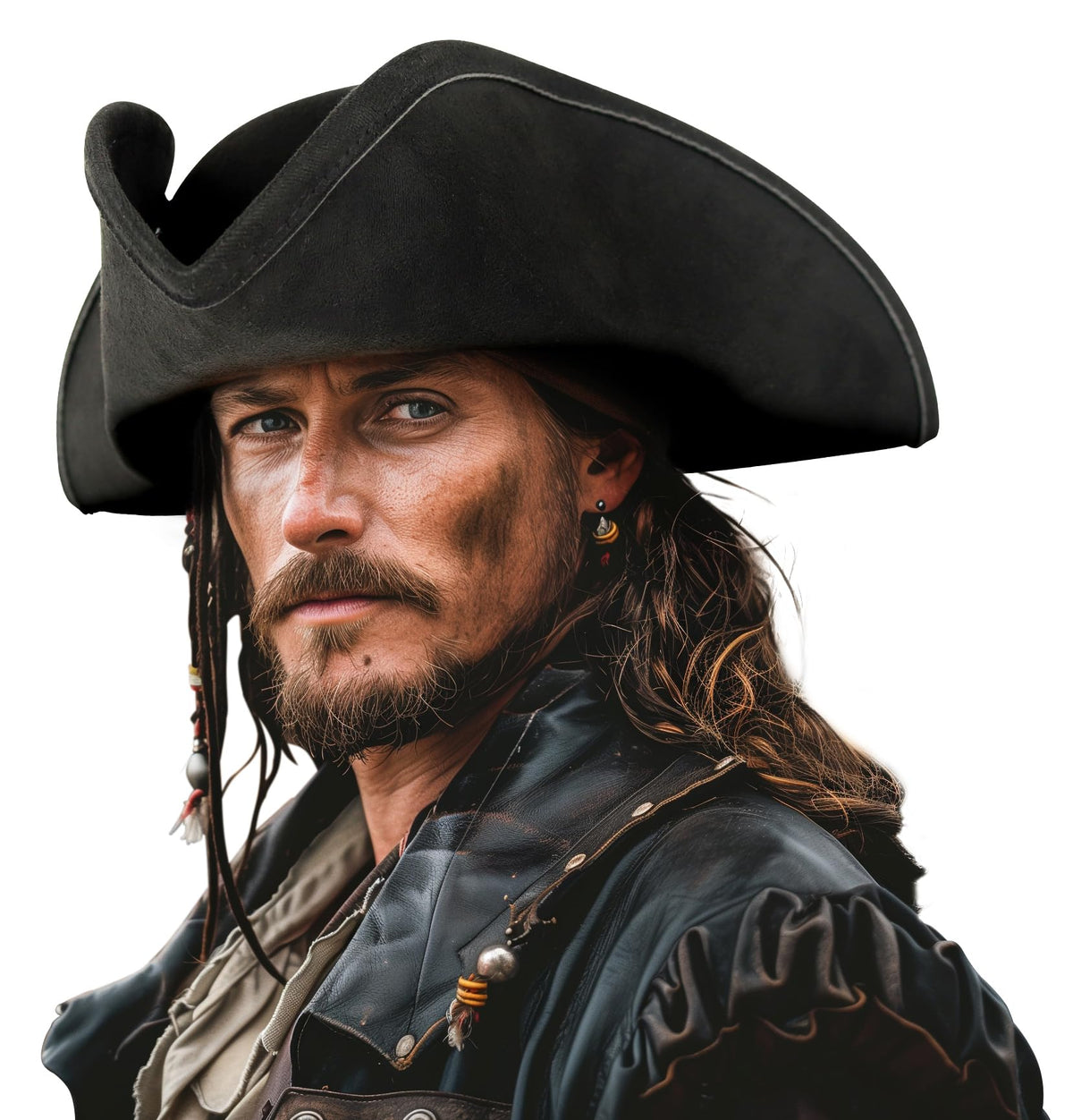HOMELEX pirate hat black-tricorn close-up, durable felt for comfortable adult costumes at parties.